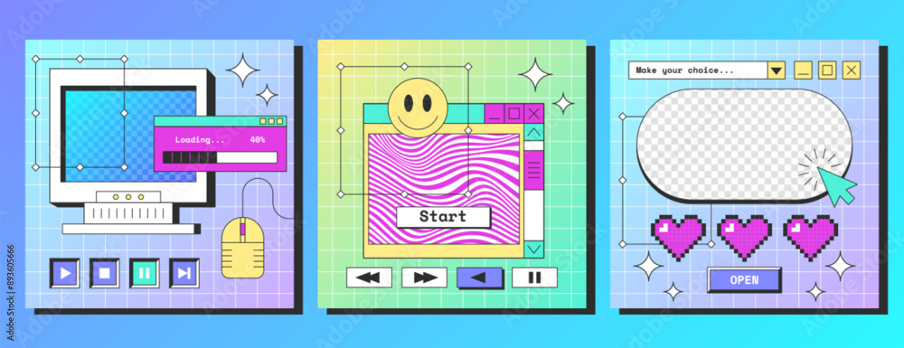Poster social media square poster template with retro desktop computer interface with buttons, message boxe