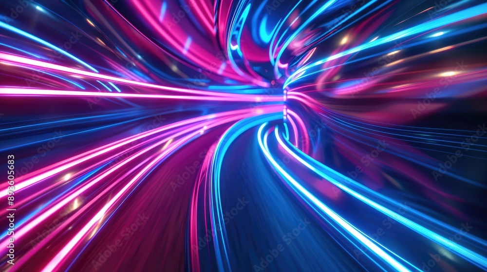 Poster dynamic neon light trails in motion, abstract and futuristic, representing technology and virtual re