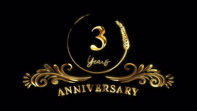 3rd Anniversary Celebration. Happy 3 Years Anniversary Animation in Gold Color on the Transparent Background, Alpha Channel. Great for greetings, celebrations, events, and gifts.