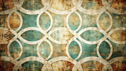 Faded distressed vintage grunge background featuring white circle rings on old geometric pattern paper in a modern abstract art design with worn, textured look.