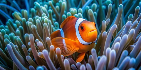 Vibrant orange clownfish safely nestled among wavy, translucent tentacles of a blue and white sea anemone, showcasing their remarkable, mutually beneficial underwater partnership.