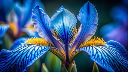 Vibrant blue iris with intricate patterns, golden rim, and delicate veins visible in extreme closeup against a soft, blurred dark background.