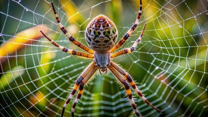 Obraz premium Intricate threads unfurl from a garden spider's agile legs as it meticulously weaves an ornate web, showcasing the remarkable engineering prowess of these eight-legged artisans.