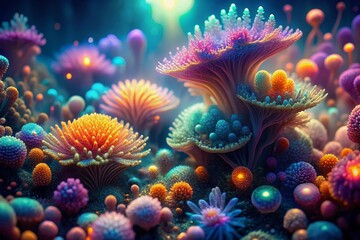 Fototapeta premium Vibrant, iridescent digital texture with glowing, organic patterns resembling underwater corals or otherworldly flora, emitting a soft, ethereal light in stunning high-resolution detail.