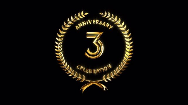 3rd Anniversary Celebration. Happy 3 Years Anniversary Animation in Gold Color on the Transparent Background, Alpha Channel. Great for greetings, celebrations, events, and gifts.