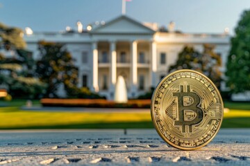 Bitcoin coin in front of the White House, perspective shot