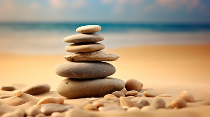 Stones pyramid on the sandy beach on a sunny day. Ai art. 