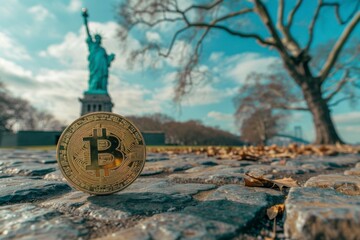 Bitcoin coin with Statue of Liberty in the background