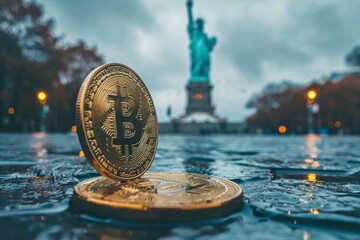 Bitcoin coin with Statue of Liberty in the background