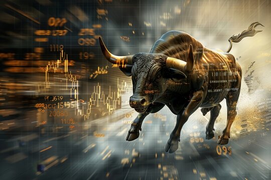 Un toro in corsa con simboli di criptovaluta che rappresentano un mercato rialzista