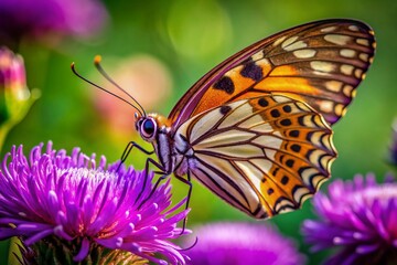 Delicate butterfly proboscis uncoils to savor sweet nectar from a vibrant purple flower, revealing intricate details of nature's tiny wonder in stunning close-up detail.