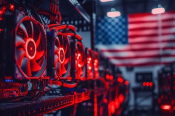 Bitcoin mining rig with the American flag in the background