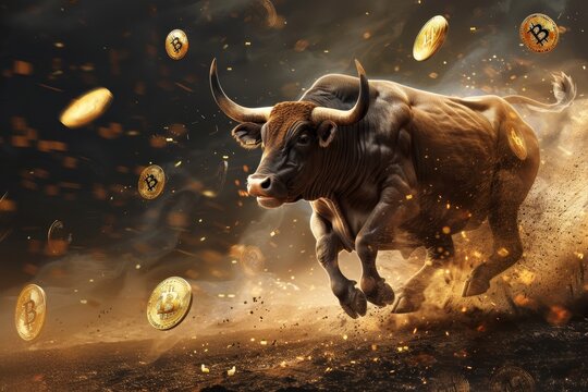 Un toro in corsa con simboli di criptovaluta che rappresentano un mercato rialzista