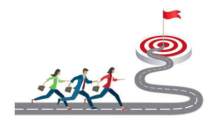Group of diverse people running towards winding road to the goal. Isolated. Vector illustration.