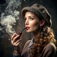 Obraz premium Attractive and beautiful woman smoking a pipe