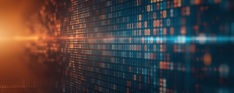 Abstract geometric shapes with binary code patterns, technology background, symbolizing digital transformation
