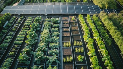 aerial view of a sustainable urban solar panel farm on a rooftop, with rows of vegetables and herbs