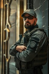 Fototapeta premium Close-up of security guards patrolling the bank's premises after a cyberattack, ensuring safety and order, Portrait close-up, hyper-realistic, high detail, photorealistic, studio lighting, Key Light,