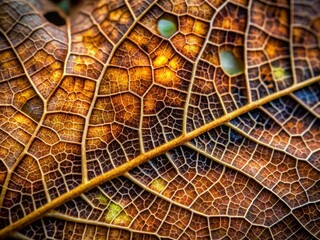 Obraz premium Macro photograph of a worn, torn, and holed leaf revealing intricate vein patterns, emphasizing the beauty in imperfection and the passage of time.
