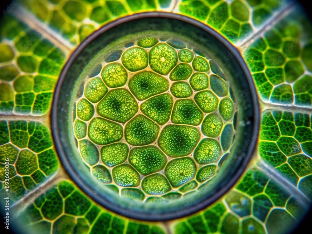 Aufkleber macro view of a digital microscope lens focusing on a plant cell's intricate structures, magnifying 