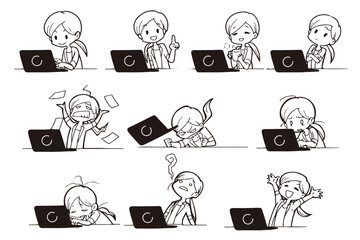 ビジネス_ノートパソコンで作業をする若い女性のセット素材