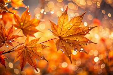 Fototapeta premium Vibrant orange autumn leaves glisten with tiny water droplets against a soft, blurred background with creamy bokeh, evoking a sense of serene autumn wonder.