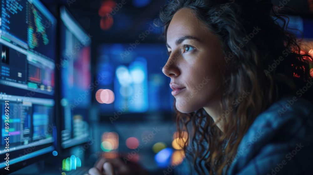 Aufkleber woman intensely focused on monitoring data across multiple high-tech digital screens in a dimly lit 