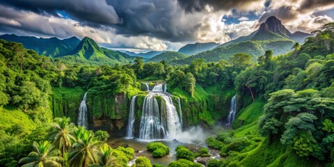 Lush Green Waterfall in Tropical Paradise with Dramatic Clouds