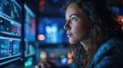 Naklejka premium Woman intensely focused on monitoring data across multiple high-tech digital screens in a dimly lit setting.