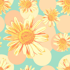 Vector - seamless pattern of camomile and polka dot.
