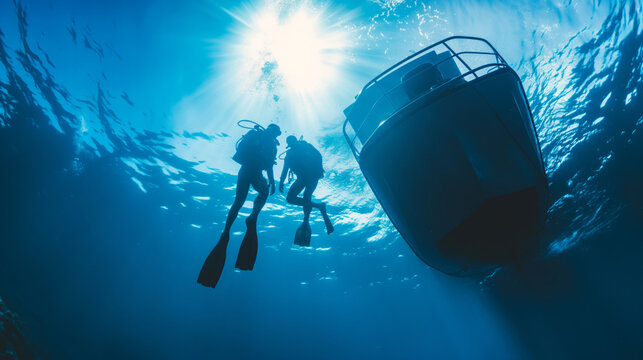 Scuba diving couple descending from a boat in the ocean