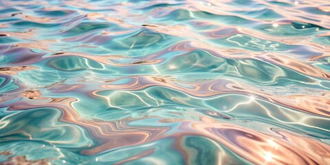 Fototapeta premium Banner with ethereal vibrant holographic mint green, turquoise, pink, turquoise transparent water surface texture with ripples, splashes, waves. Chromatic rainbow texture of the water surface.