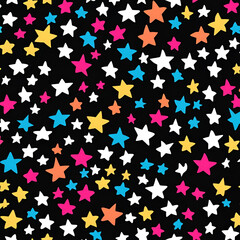 Seamless pattern of tiny stars and hearts in striking colors with black background