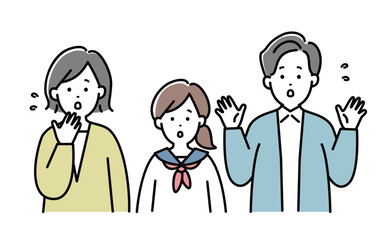 家族イラスト　表情　3人家族　学生　日本人　焦る　表情