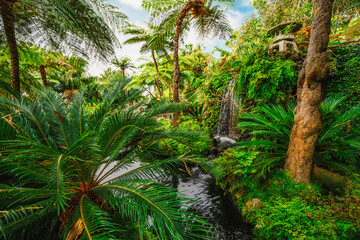 Monte Palace, Tropical Garden with Waterfalls, Lakes and traditional buildings above the city of Funchal