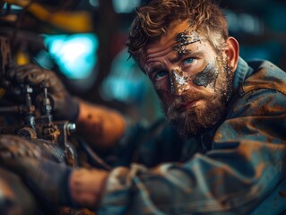 Obraz premium Grease Covered Mechanic Intently Repairing Engine Embodying the Hardworking Spirit