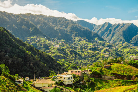 Views from Cabo de Larano viewpoint and Vereda do Larano coastal hiking trail. Cliffs atlantic ocean and tropical mountains vegetation. Madeira island in Portugal