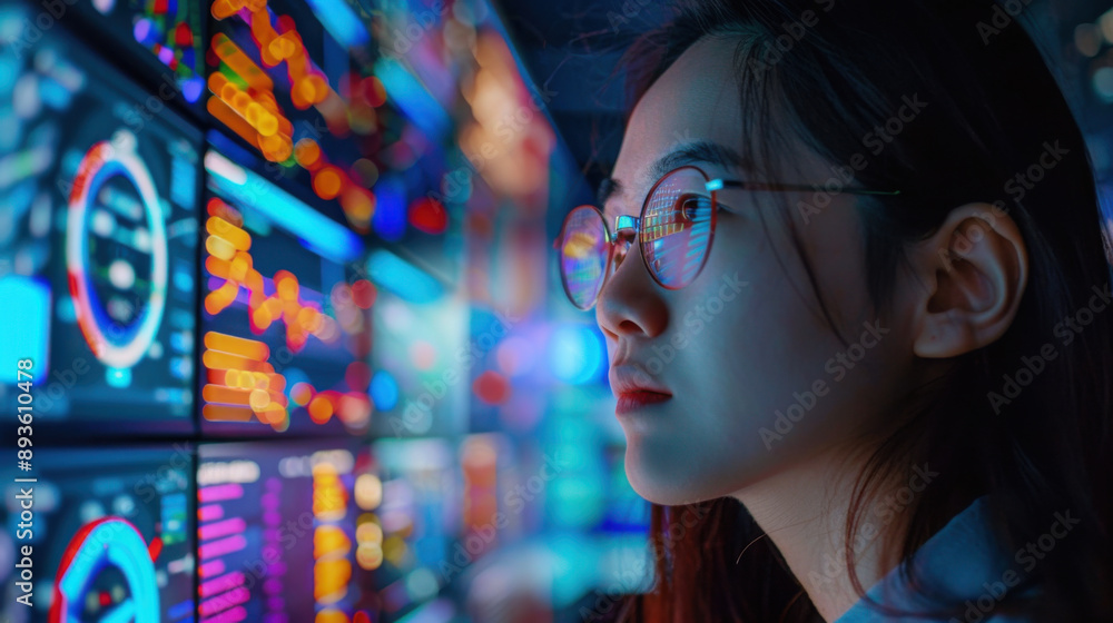 Poster focused woman with glasses studying data displayed on multiple high-tech digital screens in a dark e