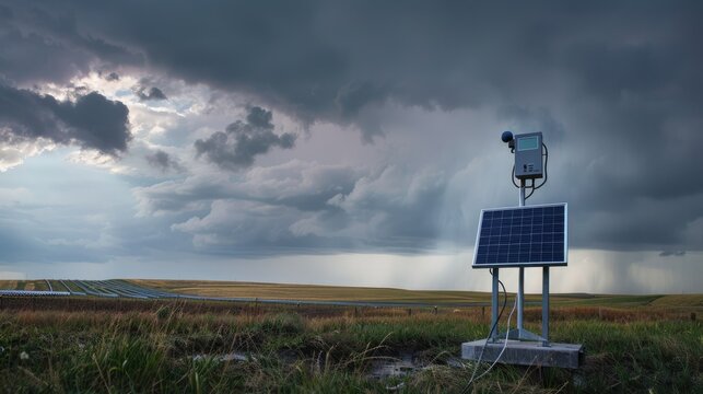 Automated weather station with solar panels under stormy sky, gathering weather information