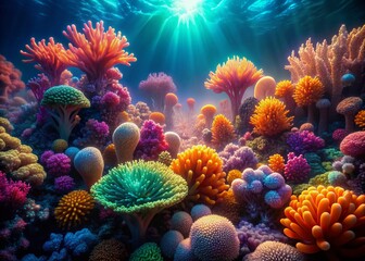Obraz premium Vibrant, glowing, organic texture resembling underwater corals or extraterrestrial flora, radiating soft, ethereal light, capturing the essence of otherworldly beauty in high-resolution ultra HD.