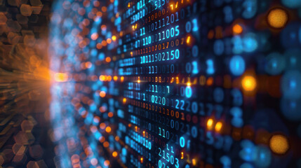 Obraz premium Dynamic abstract background featuring binary code in blue and orange hues, representing digital data and technology.