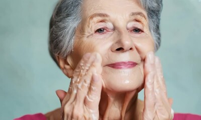 Rejuvenating face mask for aging skin, old lady applying cream on skin, vertical portrait. Senior woman using moisturizing anti-ageing cream, beauty treatment for stay young in old age 4K video - Powered by Adobe
