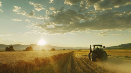 Fototapeta premium Farmer driving tractor through field at sunset