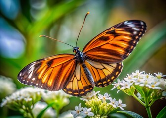 Fototapeta premium Vibrant orange and black striped butterfly rests delicately on white flower petals, blurred background creating a sense of depth and emphasizing the insect's intricate beauty.