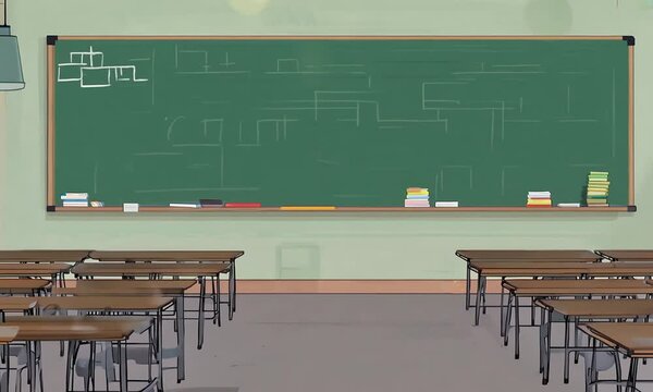 Animation empty school or university classroom with big chalkboard. seamless 4k video background