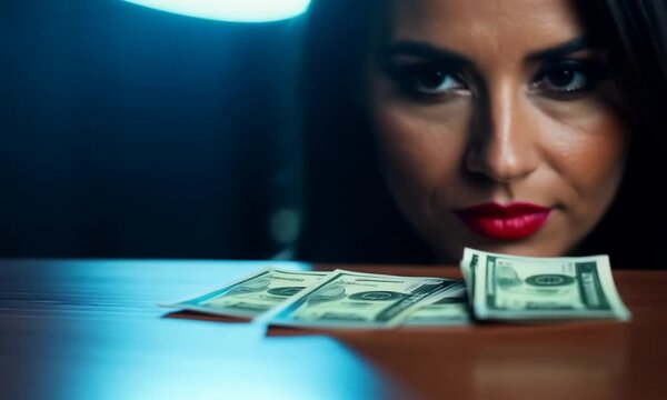 Sexy woman pushes a stack of money accross a table. 4K video