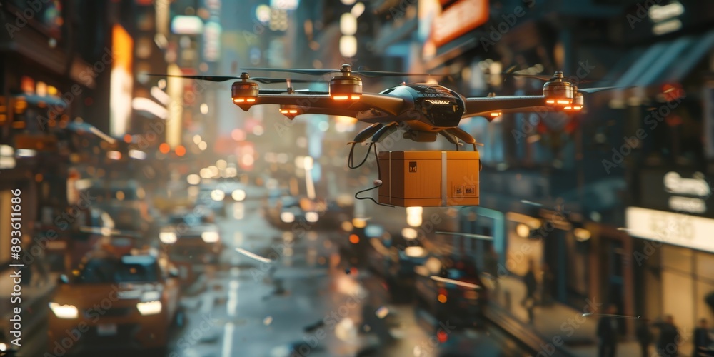 Poster An autonomous drone delivering a package in a busy urban environment, representing the efficiency and innovation of AI in logistics and delivery services