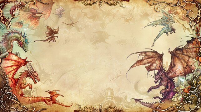 Different fantasy-themed borders featuring dragons, unicorns, and fairy tales on a single page