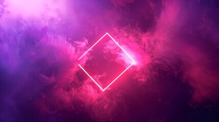 Fototapeta premium Abstract neon background with glowing square shape and spinning cloud. Blank geometric frame