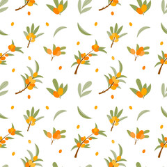 Seamless pattern with sea buckthorn on a white background. Pattern with berries and leaves. Colorful fresh berries for wallpaper, fabric, wrapping paper.